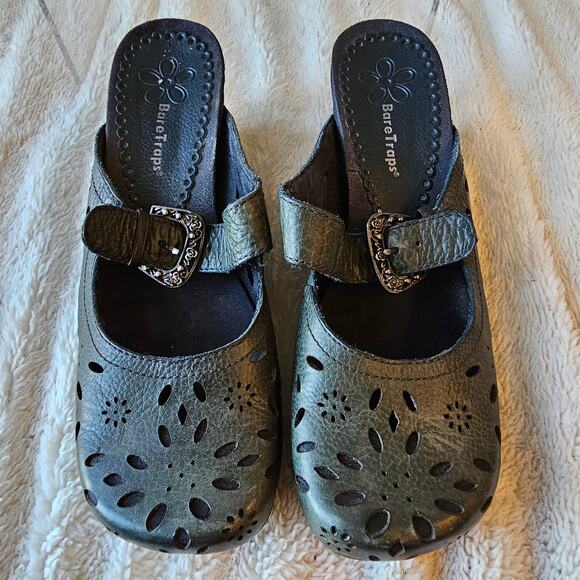 Bare Traps‎ Women's Gigi Leather Mary Jane Mules Clog Wood Heels Size 8.5M Green - Picture 2 of 6